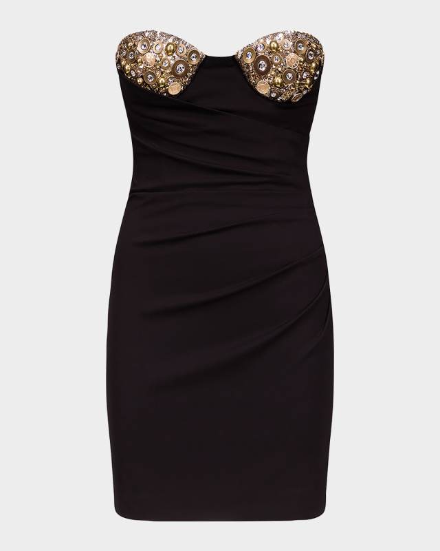 Crystal Button Cluster Embroidered Draped Mini Dress